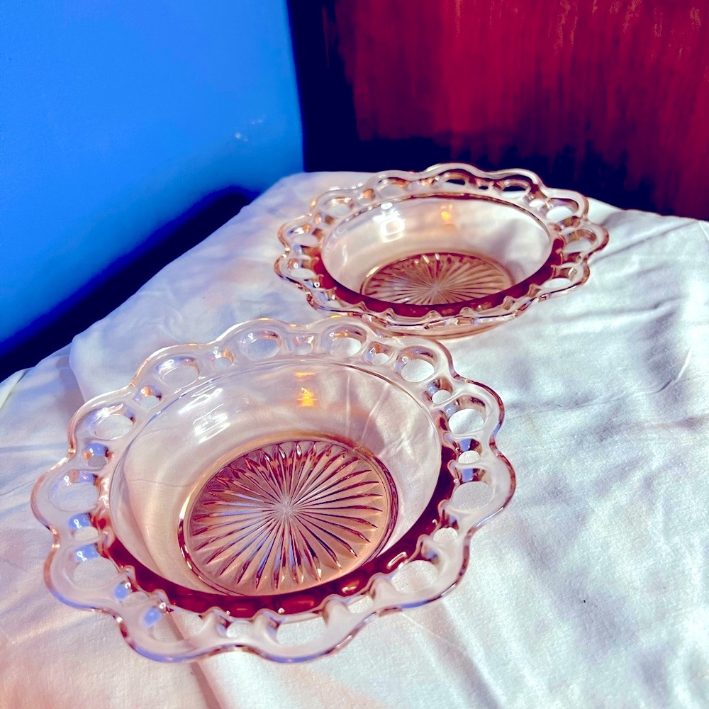 2 pink depression glass salad/cereal bowls old colony open lace pattern